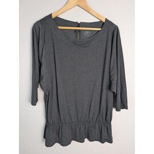 Ann Taylor LOFT Blouse Womens M Gray Jersey Crew 3/4 Sleeve Elastic Ruffle Zip